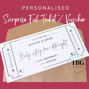 Personalised Surprise Foil Ticket / Voucher Birthday Anniversary X'mas Gift Card