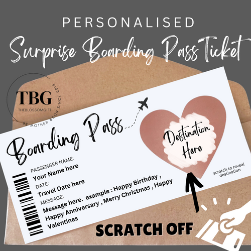 Personalised SCRATCH OFF reveal Surprise Boarding Pass Ticket Birthday Anniversary X'mas Holiday Gift Card