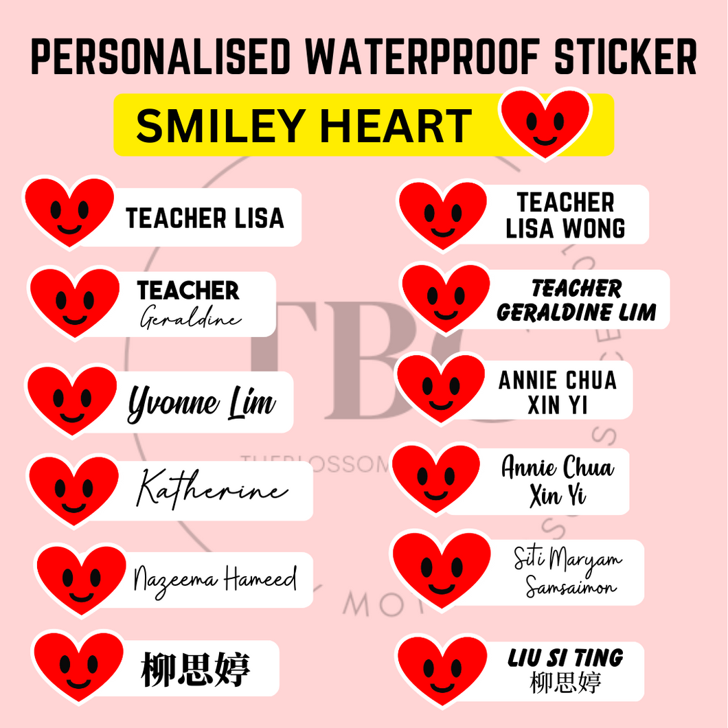 Personalised Waterproof Sticker (SMILEY HEART) 1 set 3 size