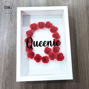 Red flower with white background with black vinyl text . Font B