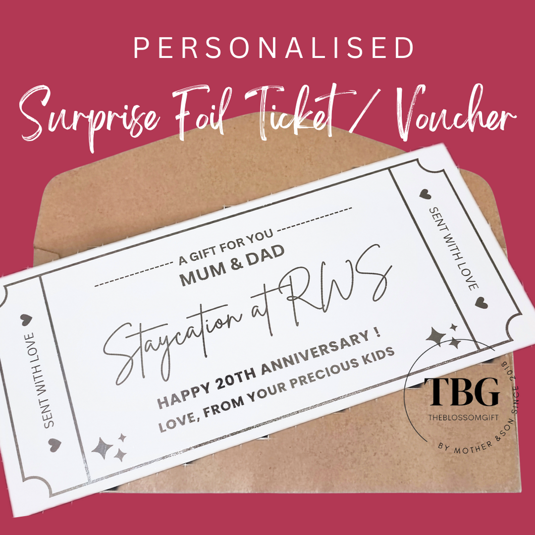 Personalised Surprise Foil Ticket / Voucher Birthday Anniversary X'mas Gift Card