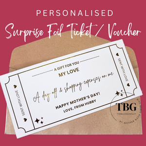 Personalised Surprise Foil Ticket / Voucher Birthday Anniversary X'mas Gift Card