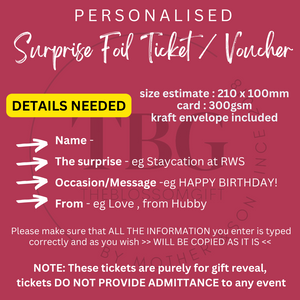 Personalised Surprise Foil Ticket / Voucher Birthday Anniversary X'mas Gift Card